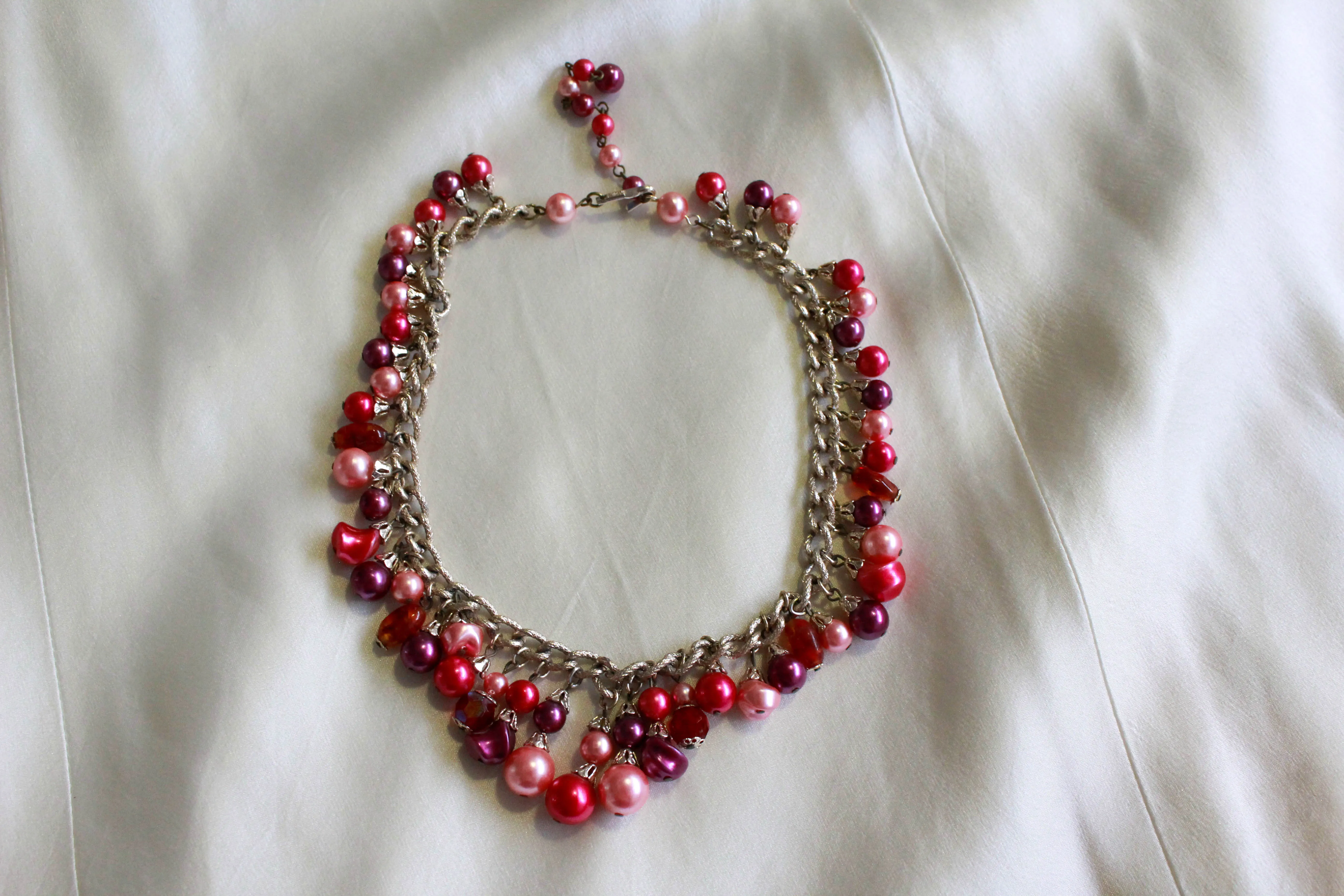 1940s/50s Pink, Purple and Silver Beaded Chain Necklace