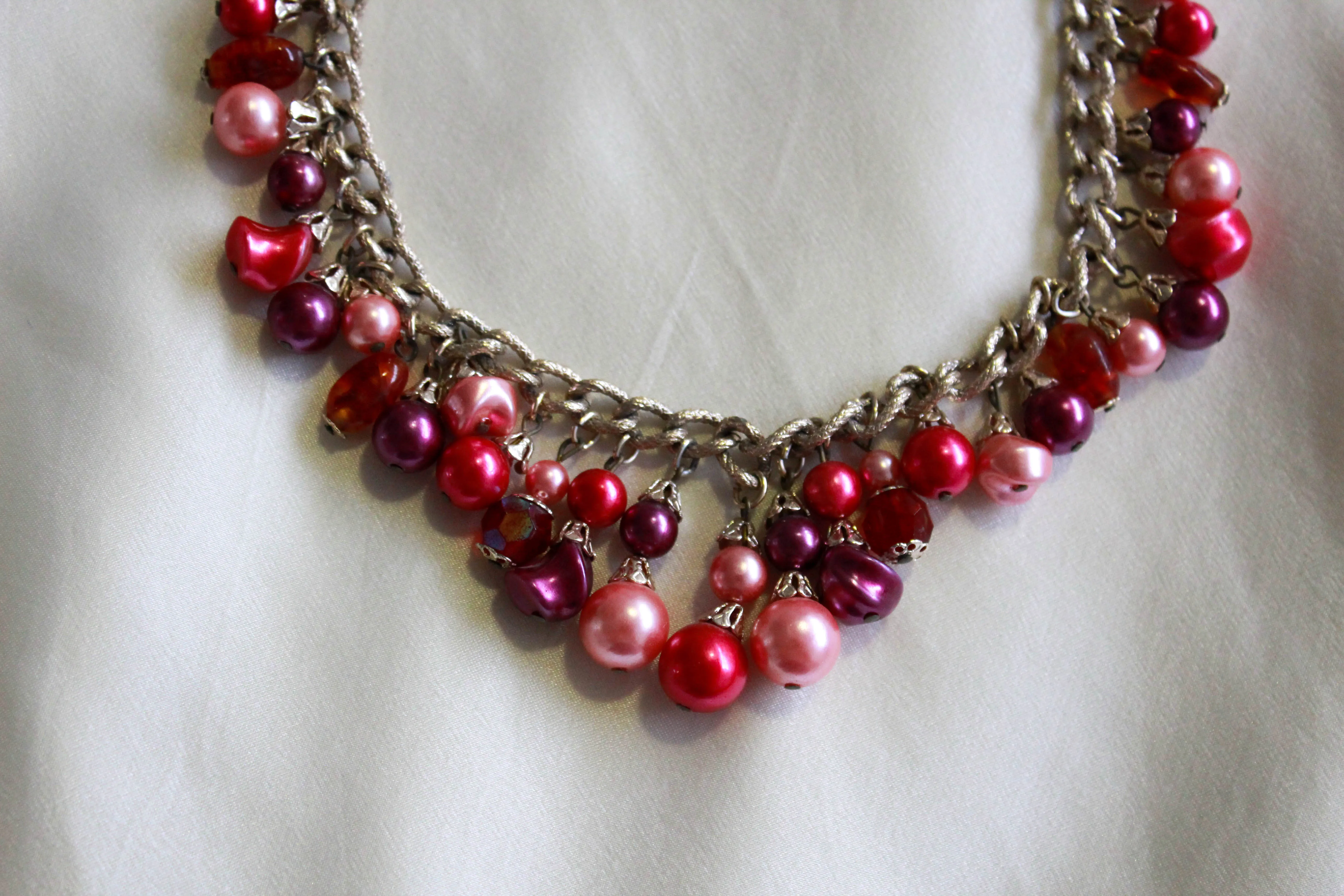 1940s/50s Pink, Purple and Silver Beaded Chain Necklace