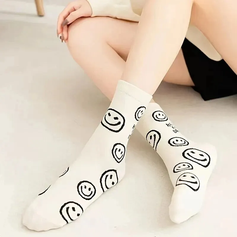 5/10 Pairs Happy Face Crew Socks , Cartoon Cat Breathable Cotton Mid Tube Socks, Women's Stockings & Hosiery