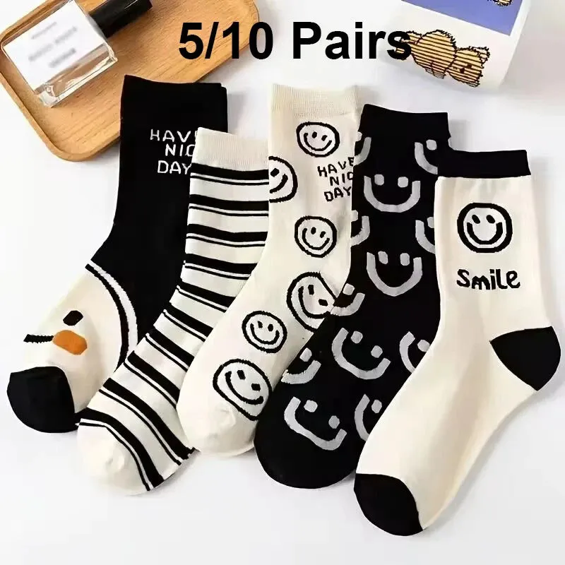 5/10 Pairs Happy Face Crew Socks , Cartoon Cat Breathable Cotton Mid Tube Socks, Women's Stockings & Hosiery