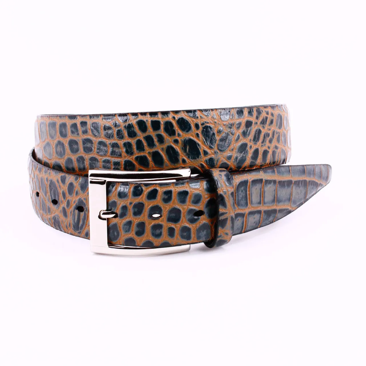 Bi-Color Crocodile Embossed Calfskin Belt in Grey and Orange by Torino Leather