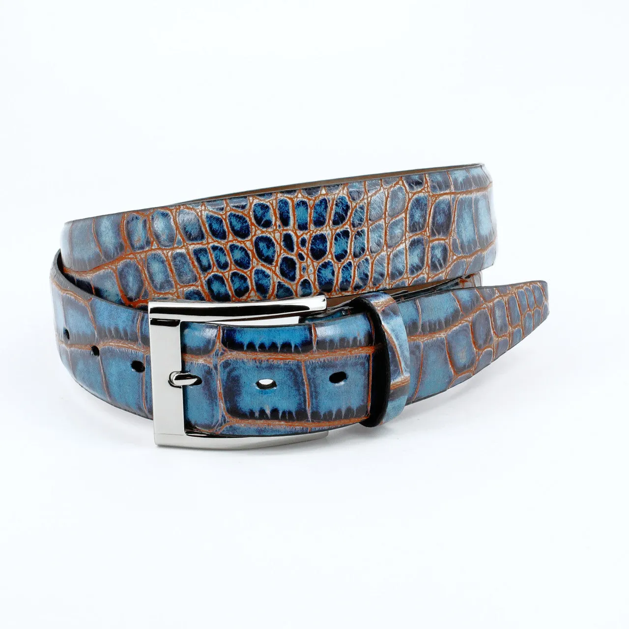 Bi-Color Crocodile Embossed Calfskin Belt in Navy and Red by Torino Leather