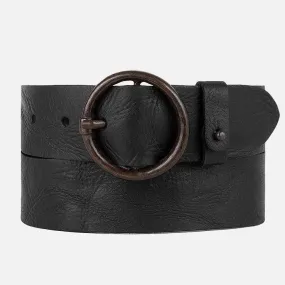 Black Leather Belt with Vintage Round Buckle