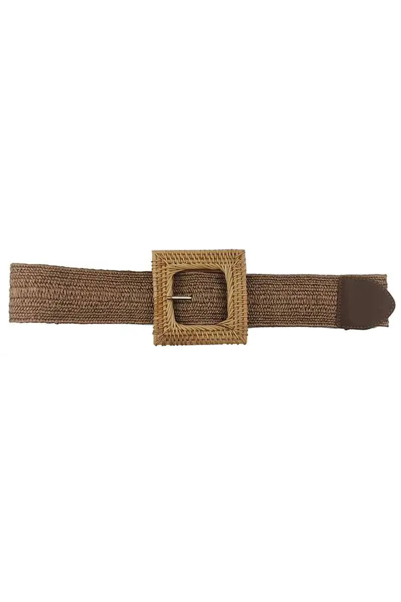 Boho-Chic Square Straw Buckle Belt