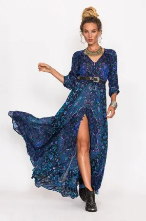 Boho Maxi Dress Navy Blue Floral "Kiss The Sky" Long Flowing Summer Gown Button Front Long Slit 3/4 Sleeves Royal Blue Turquoise Lavender Print Small Medium Large Or Extra Large