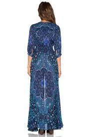 Boho Maxi Dress Navy Blue Floral "Kiss The Sky" Long Flowing Summer Gown Button Front Long Slit 3/4 Sleeves Royal Blue Turquoise Lavender Print Small Medium Large Or Extra Large