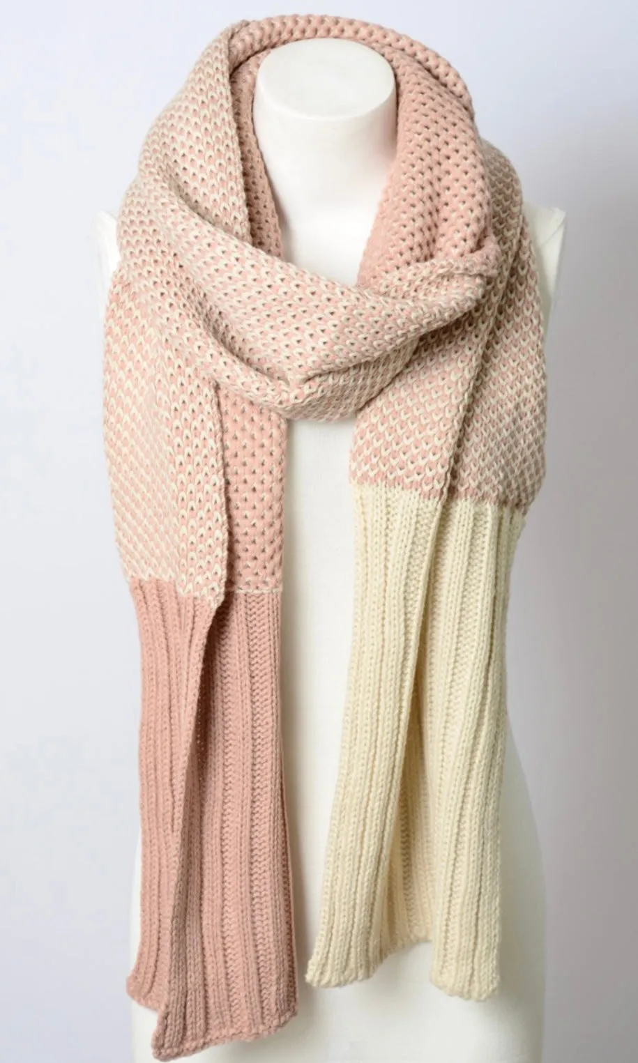 Boho - Pink Contrast Open Weave Cozy Sweater Knit Long Scarf