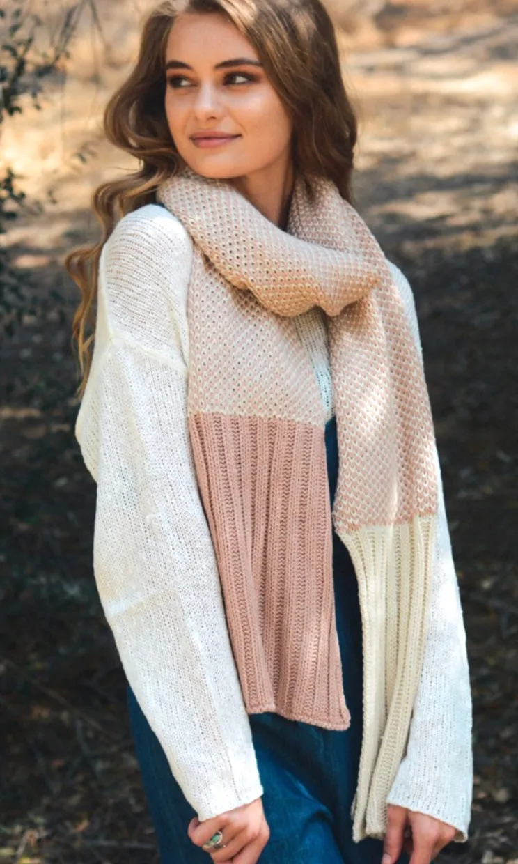 Boho - Pink Contrast Open Weave Cozy Sweater Knit Long Scarf