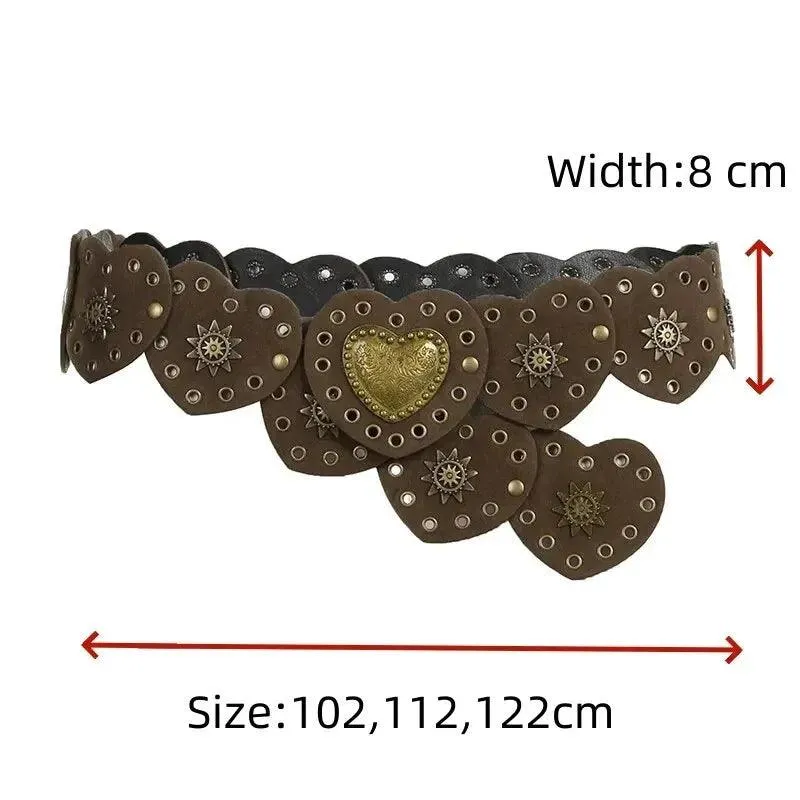 Brown Pinned Belt Decorated with White Love Hearts Bohemian