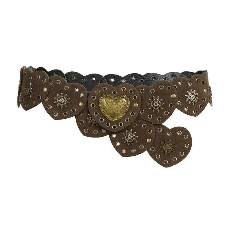 Brown Pinned Belt Decorated with White Love Hearts Bohemian