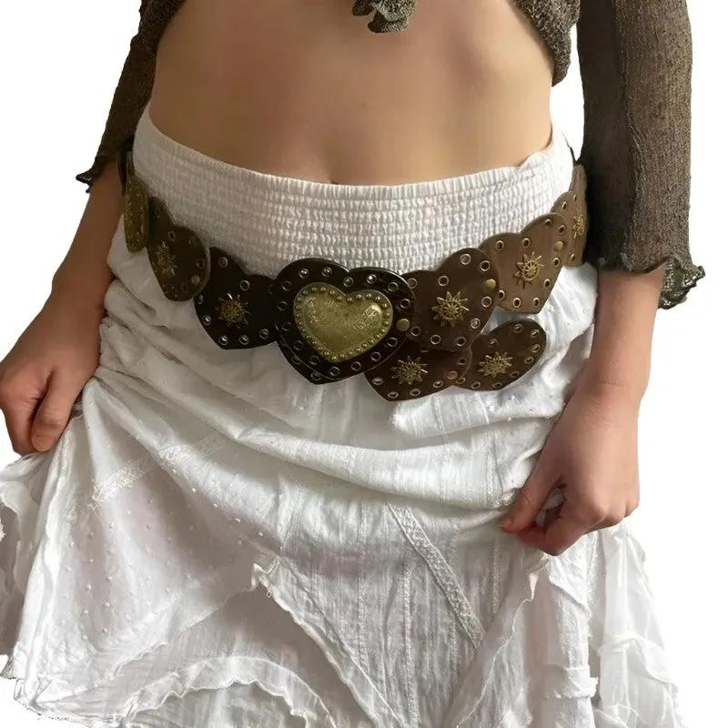 Brown Pinned Belt Decorated with White Love Hearts Bohemian