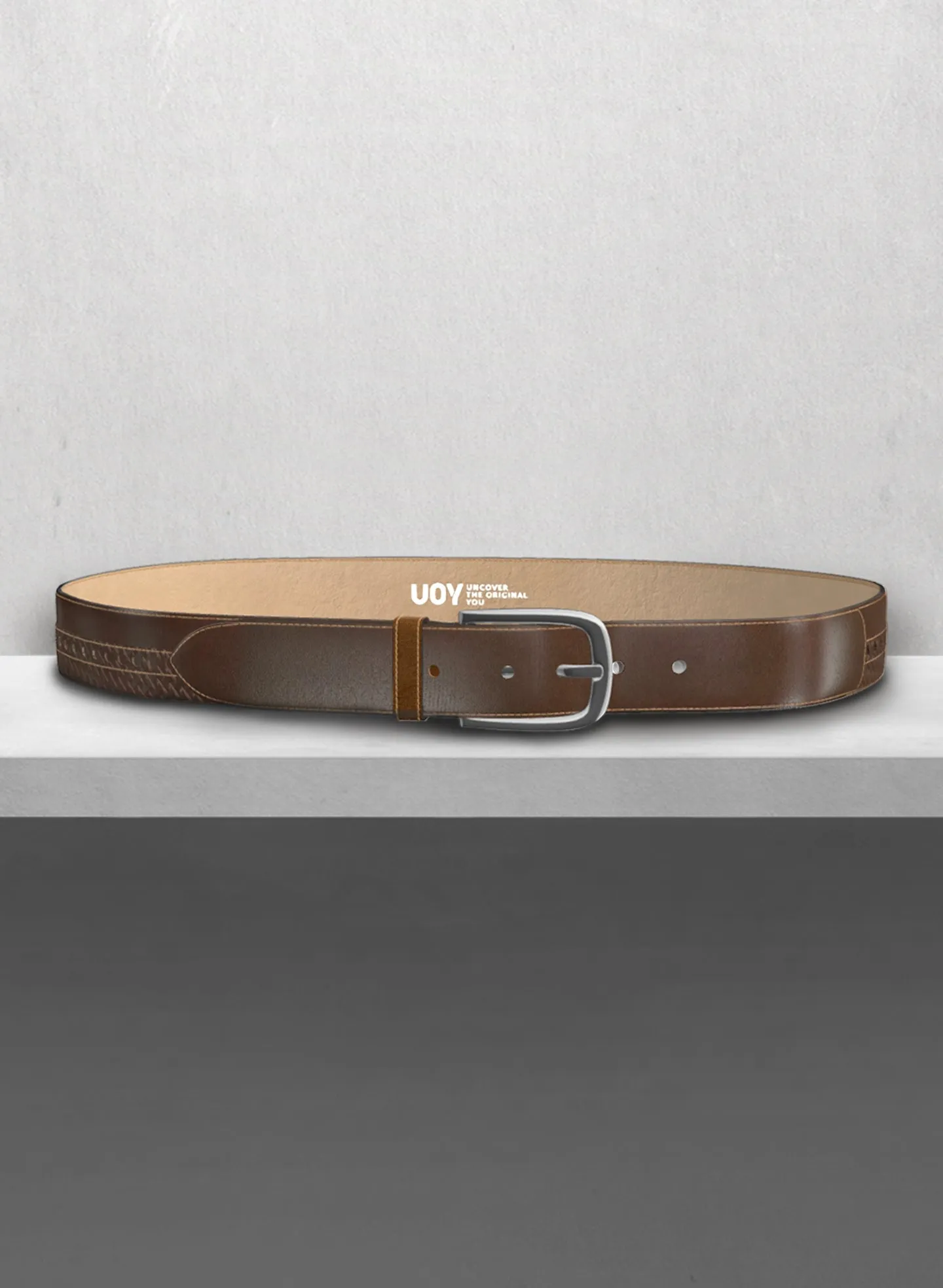 Casual Brown White Stitch Leather Belt