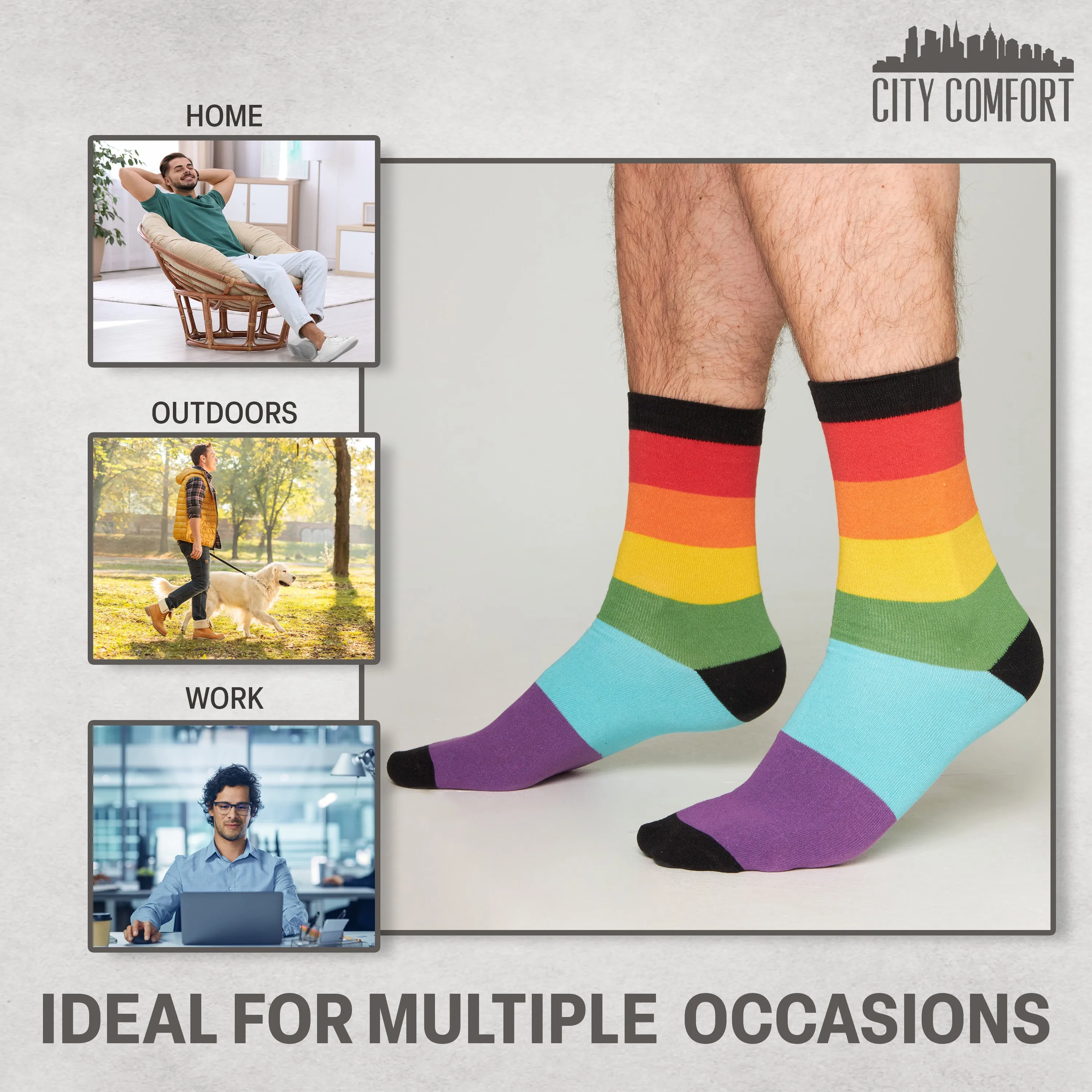 CityComfort Mens Calf Socks, Breathable Crew Socks Multipack - Multi Rainbow-6 Pack