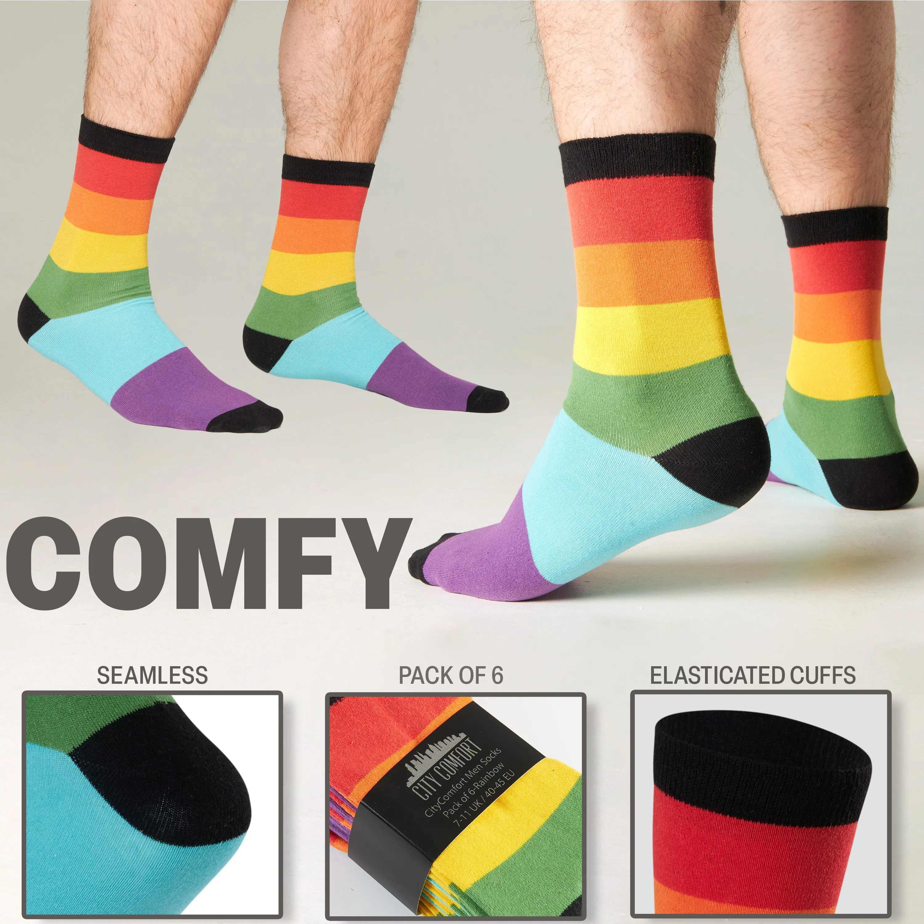 CityComfort Mens Calf Socks, Breathable Crew Socks Multipack - Multi Rainbow-6 Pack