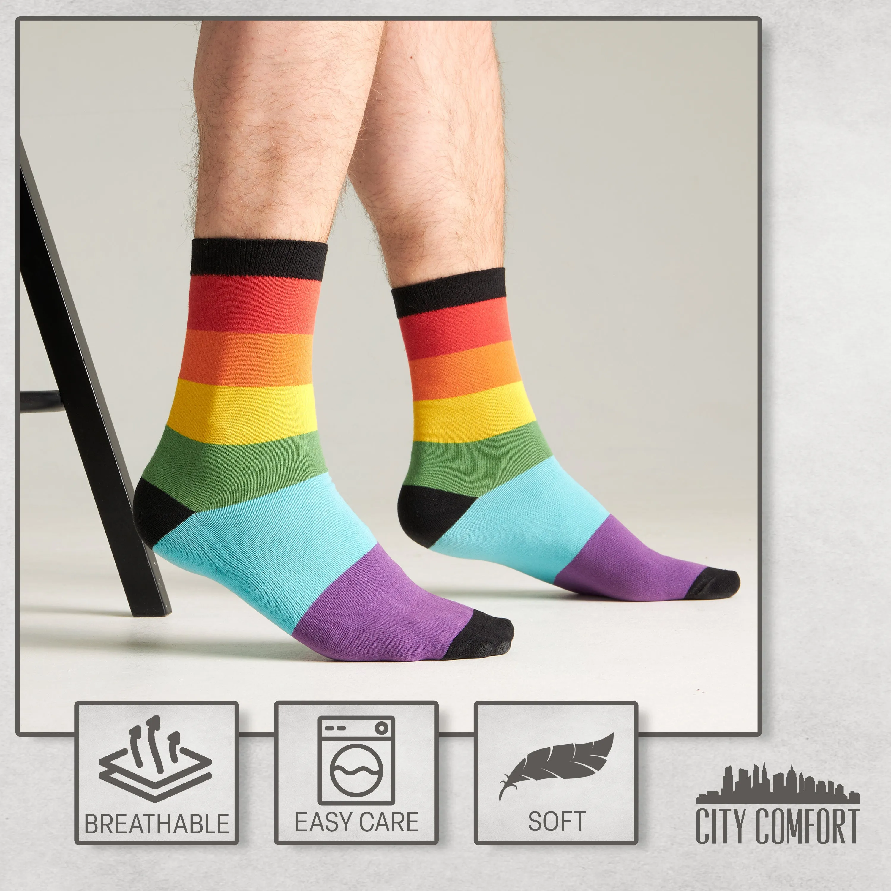 CityComfort Mens Calf Socks, Breathable Crew Socks Multipack - Multi Rainbow-6 Pack