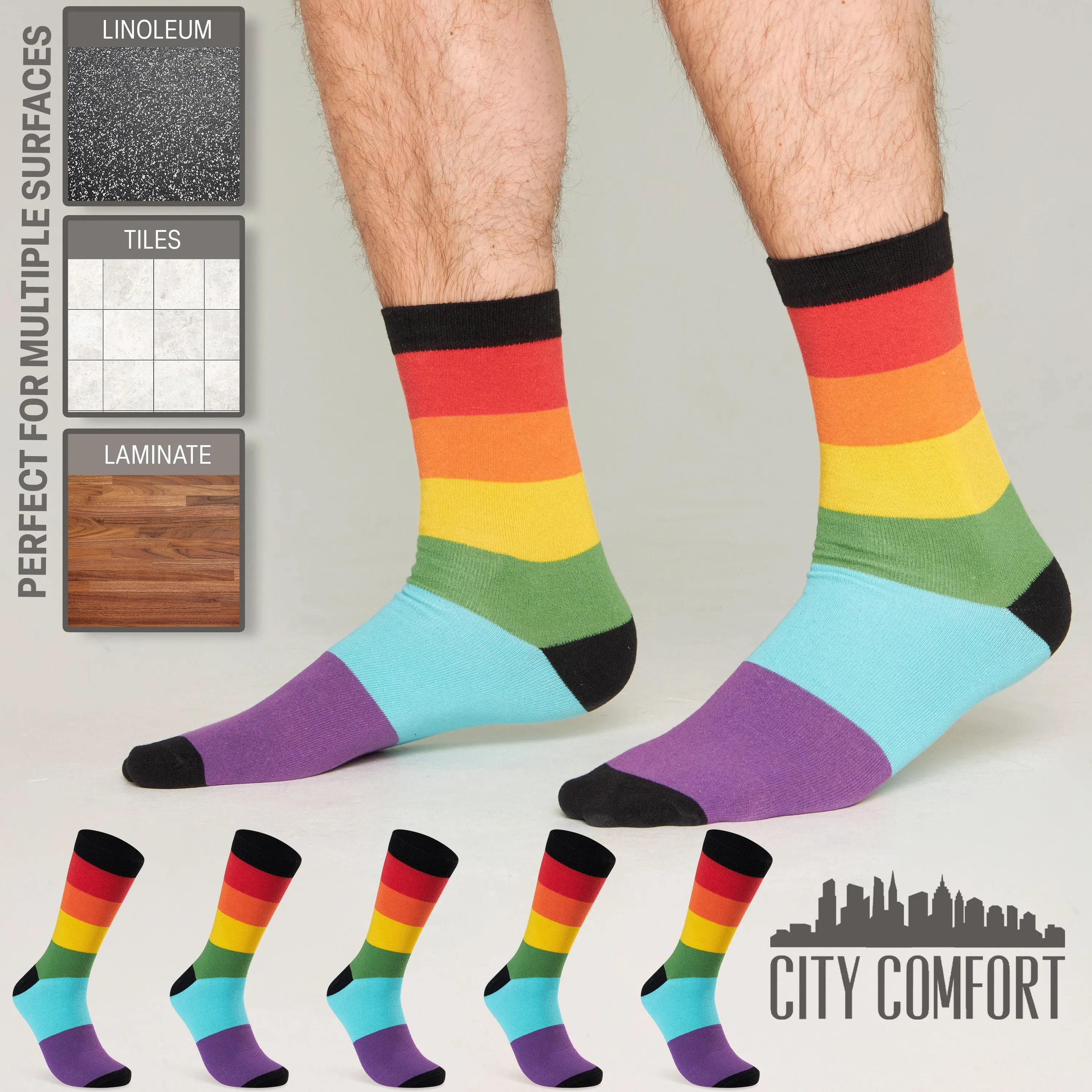 CityComfort Mens Calf Socks, Breathable Crew Socks Multipack - Multi Rainbow-6 Pack