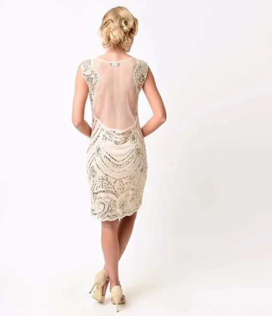 Cream Sequin and Mesh 1920’s Dress