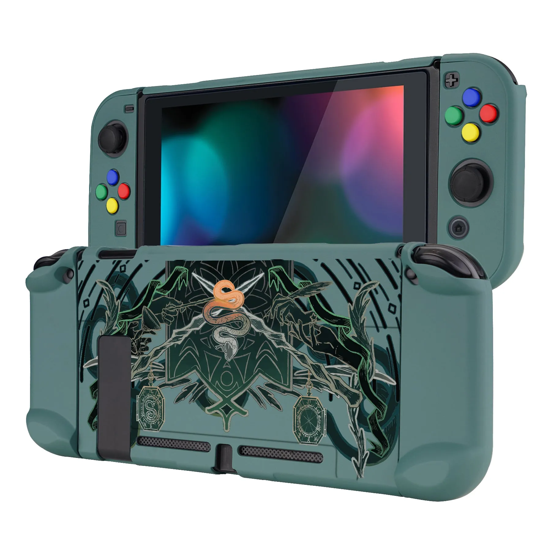 eXtremeRate PlayVital Classic Serpent Totem Back Cover for NS Switch Console, NS Joycon Handheld Controller Separable Protector Hard Shell, Dockable Protective Case with Colorful ABXY Direction Button Caps - NTT122