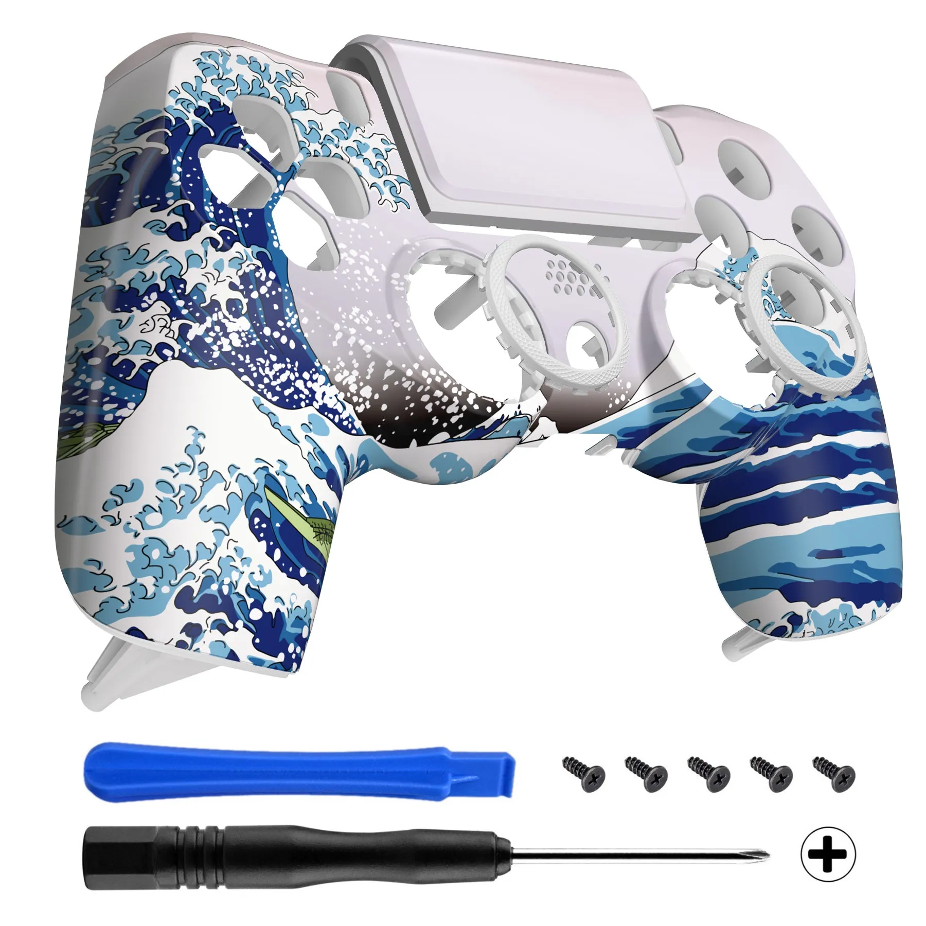 eXtremeRate The Great Wave Replacement Faceplate Touchpad Cover, Redesigned Housing Shell Case Touch Pad Compatible with PS4 Slim Pro Controller JDM-040/050/055 - Controller NOT Included - GHP4T001