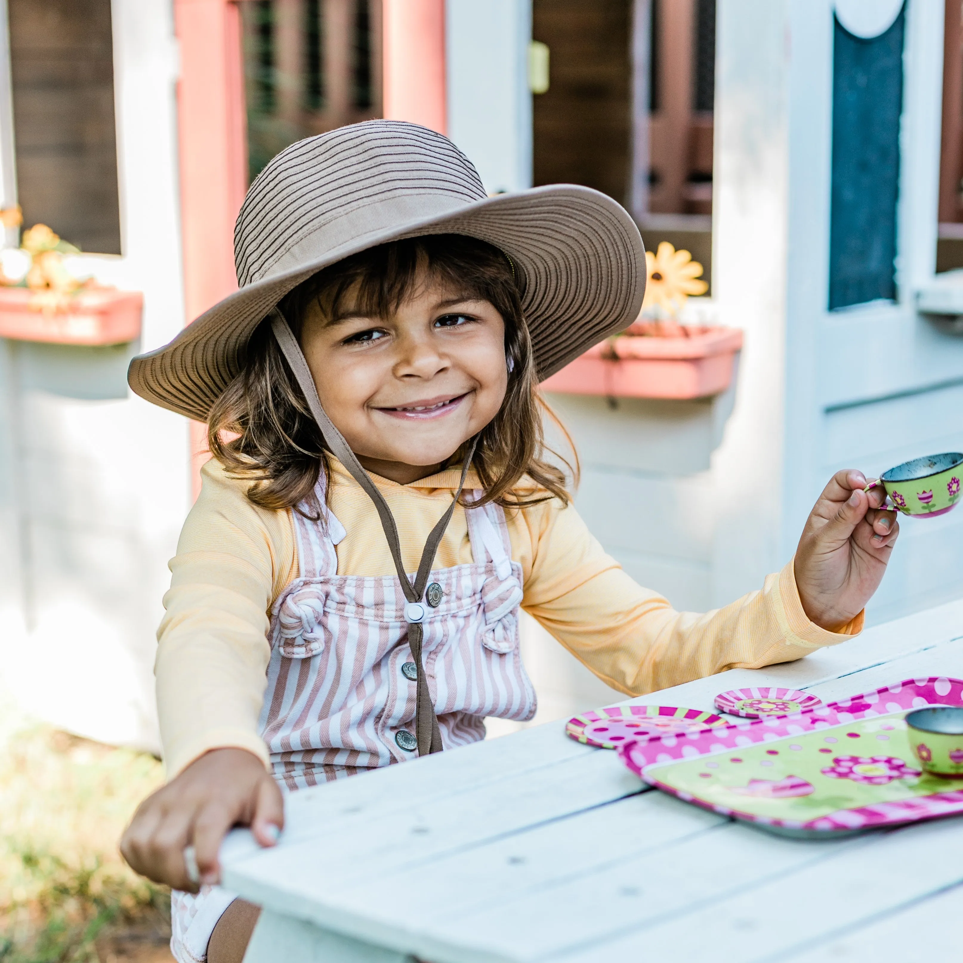 Girls Wide Brim Sun Hat - Brown