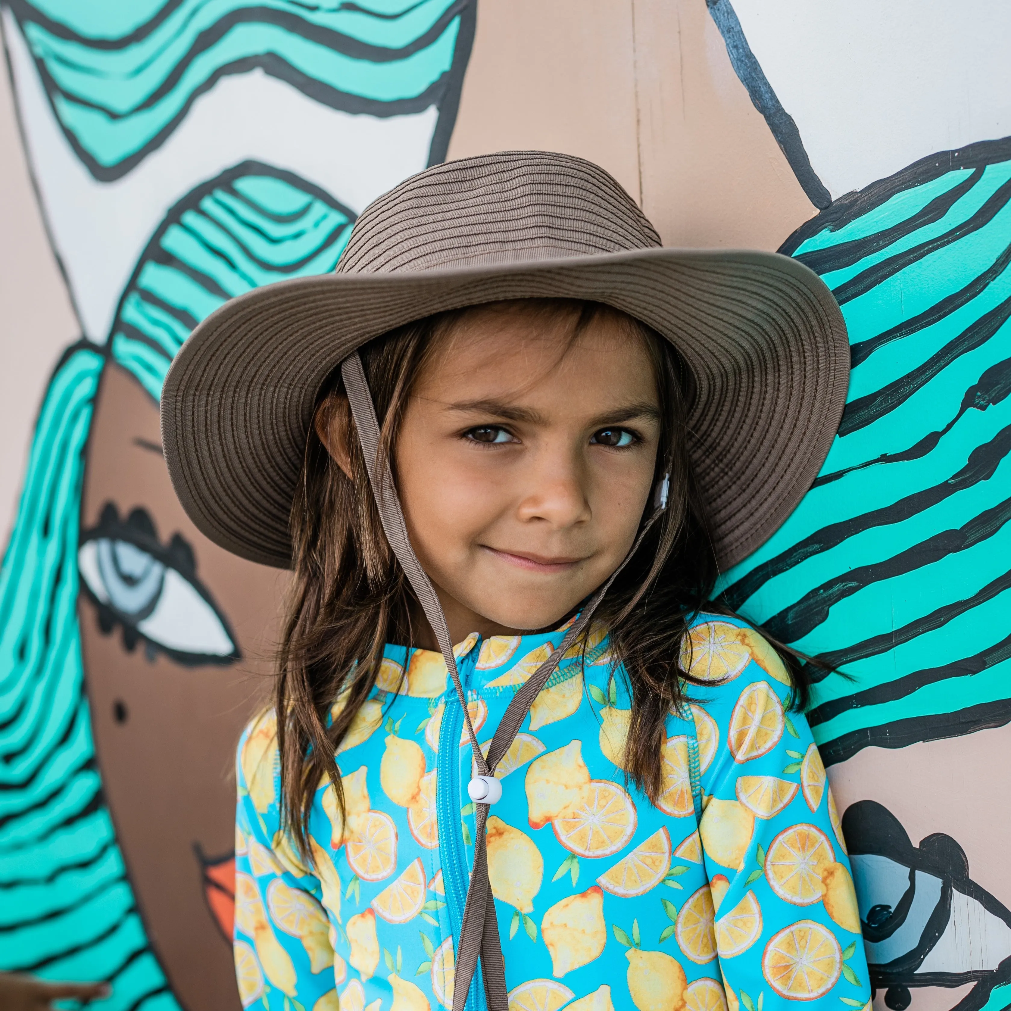 Girls Wide Brim Sun Hat - Brown