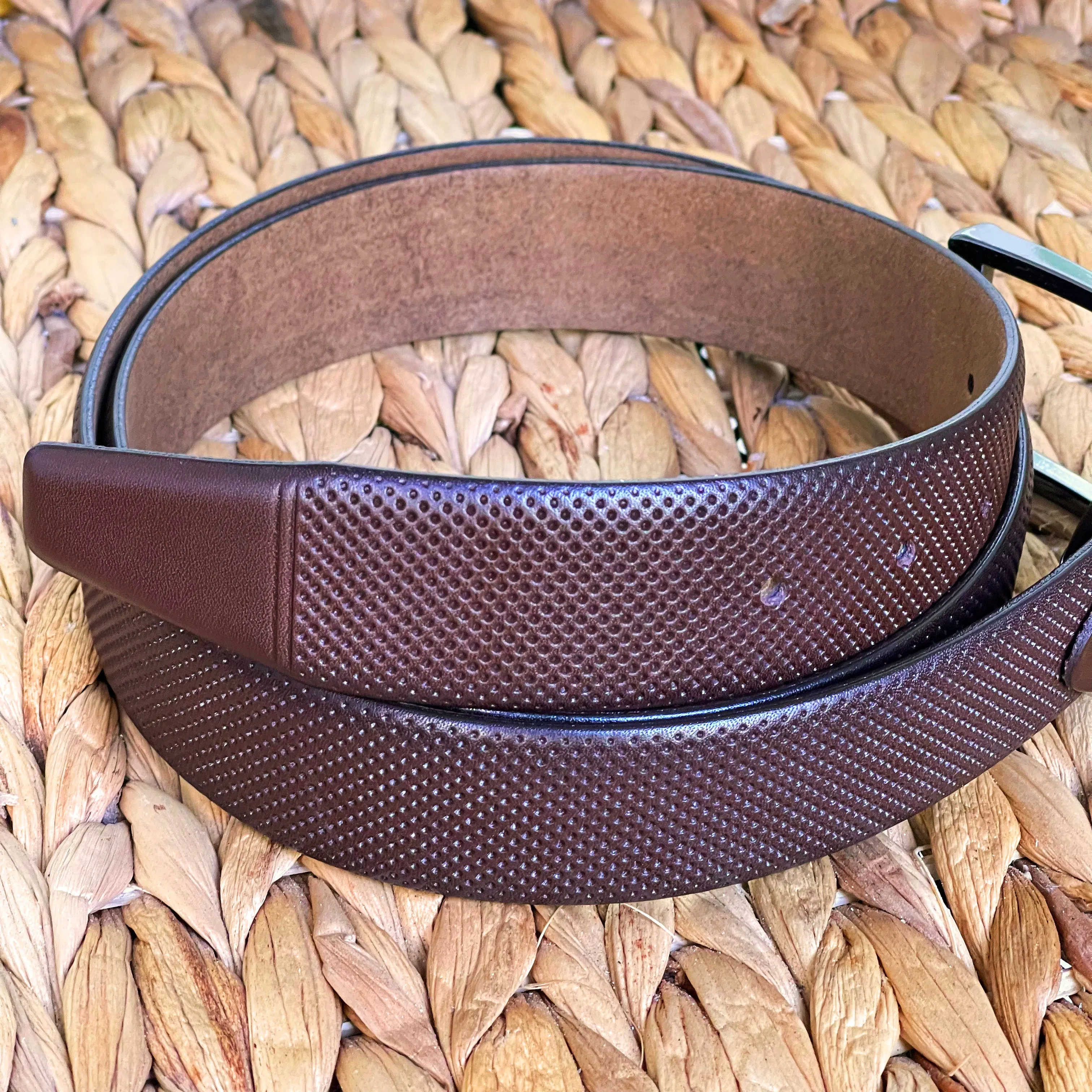 Handmade Genuine Leather Belt - Dotted Pattern – The Ultimate Official Gift for Men- Color: Dark Brown