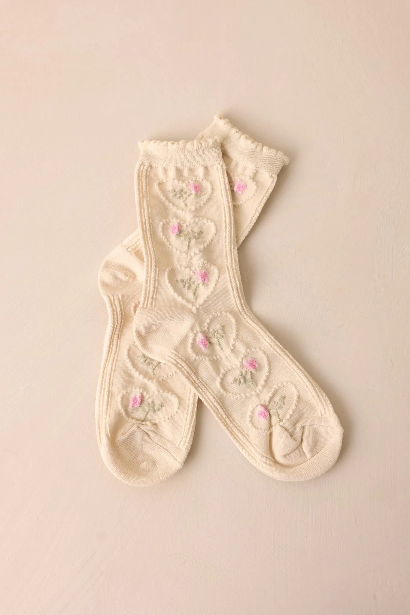 Heartwoven Garland Beige Floral Crew Socks