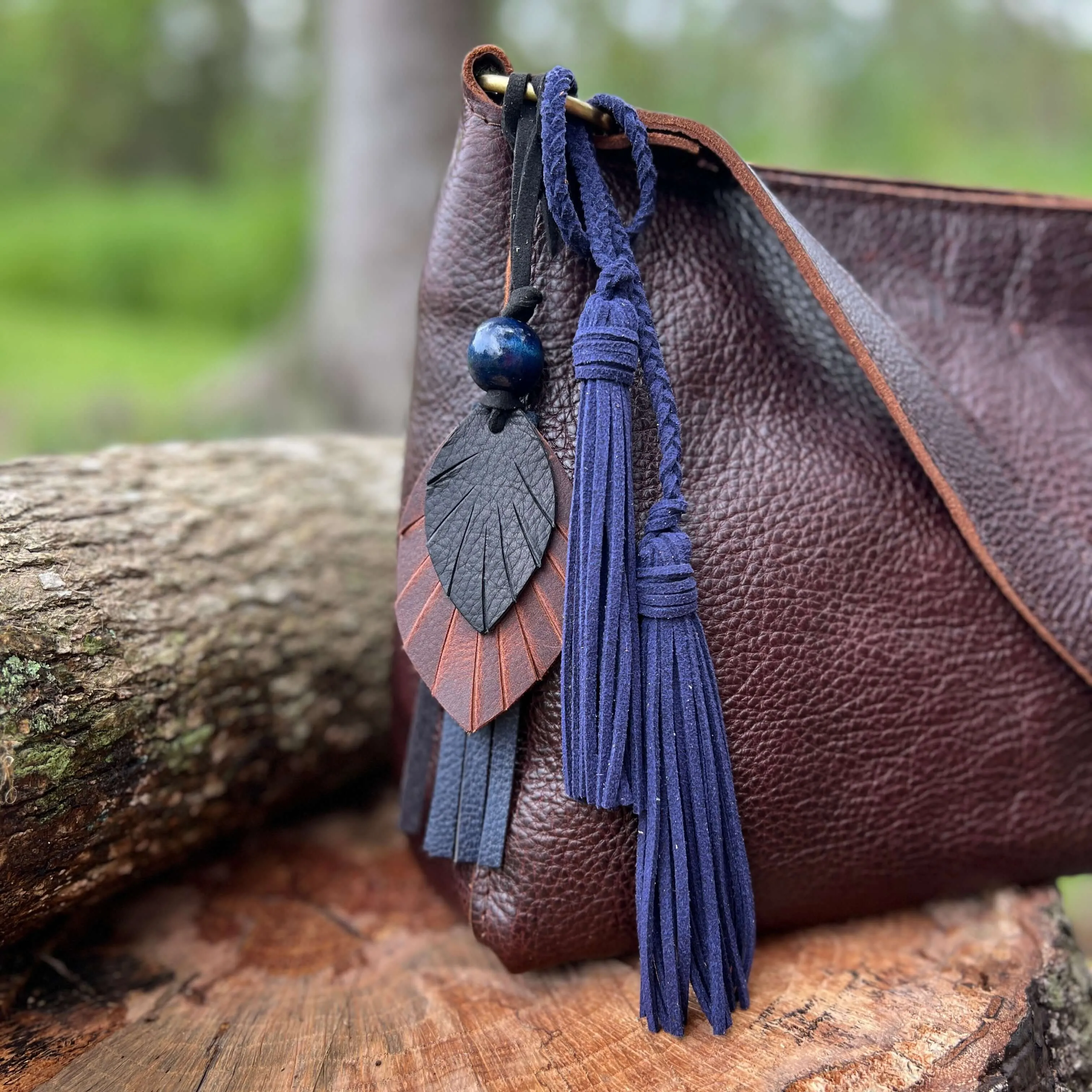 Leather Feather Tassel Bag Charm - Black, Brown and Navy