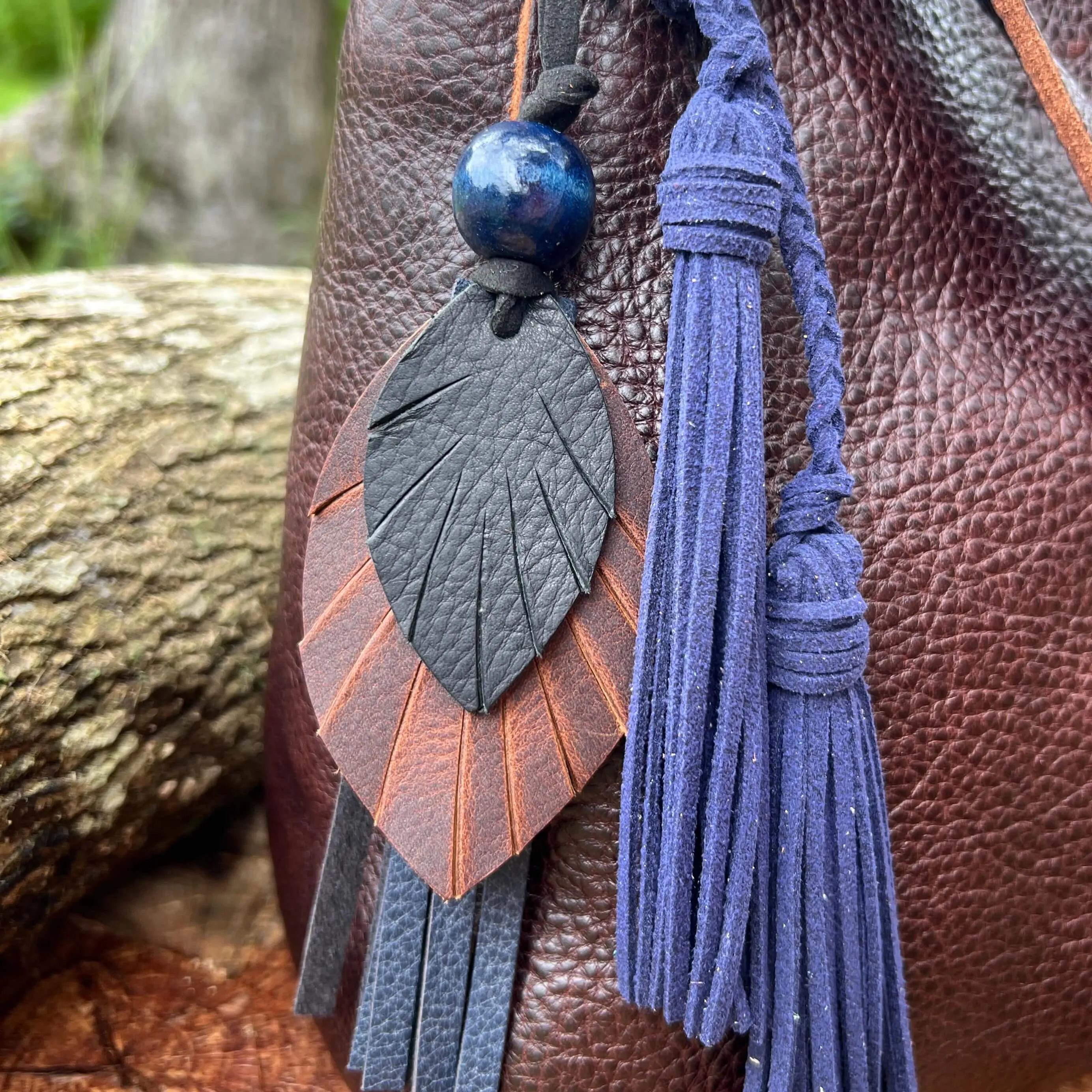 Leather Feather Tassel Bag Charm - Black, Brown and Navy