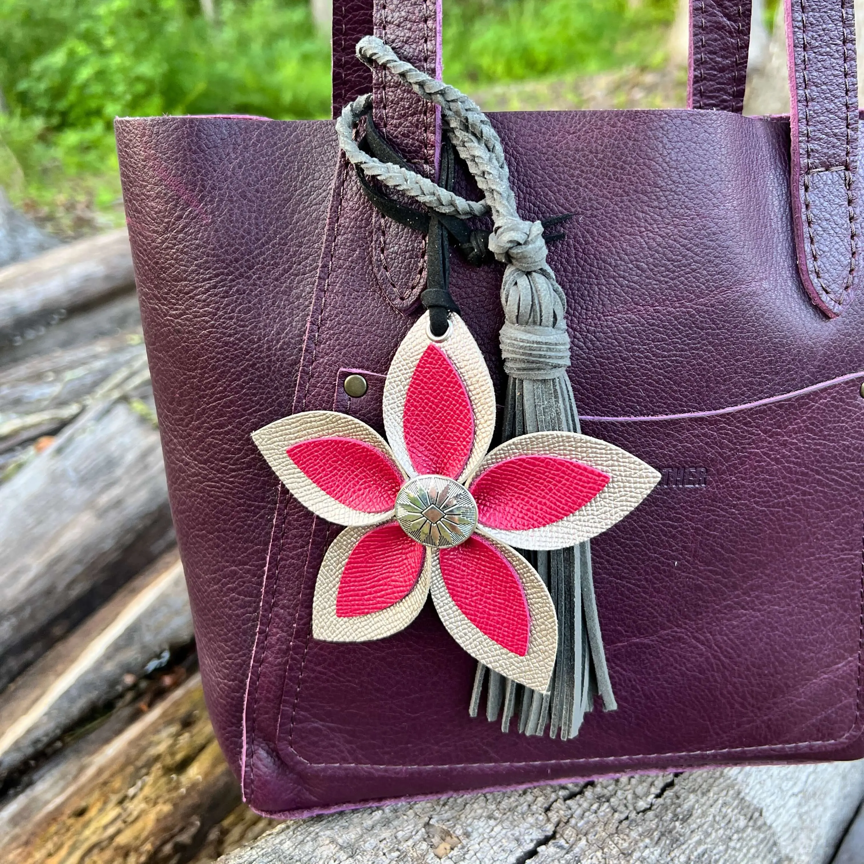 Leather Flower Bag Charm - Large Flower with Loop - Pink and Rose Gold