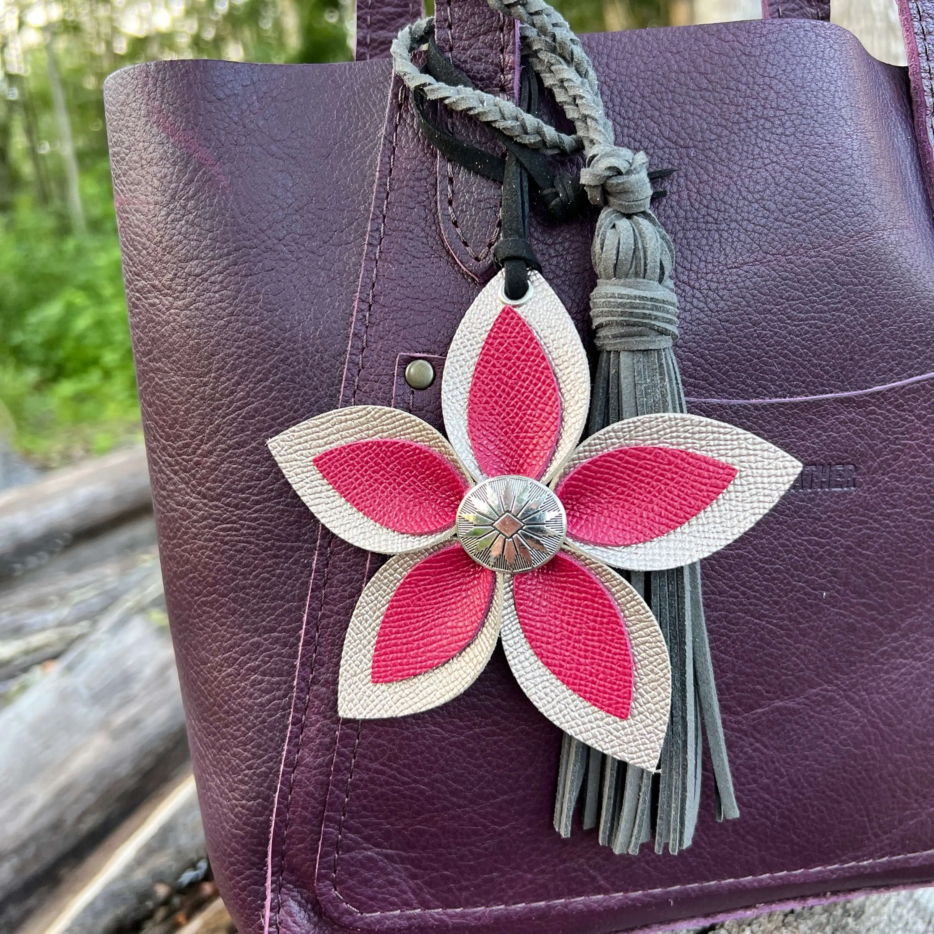 Leather Flower Bag Charm - Large Flower with Loop - Pink and Rose Gold