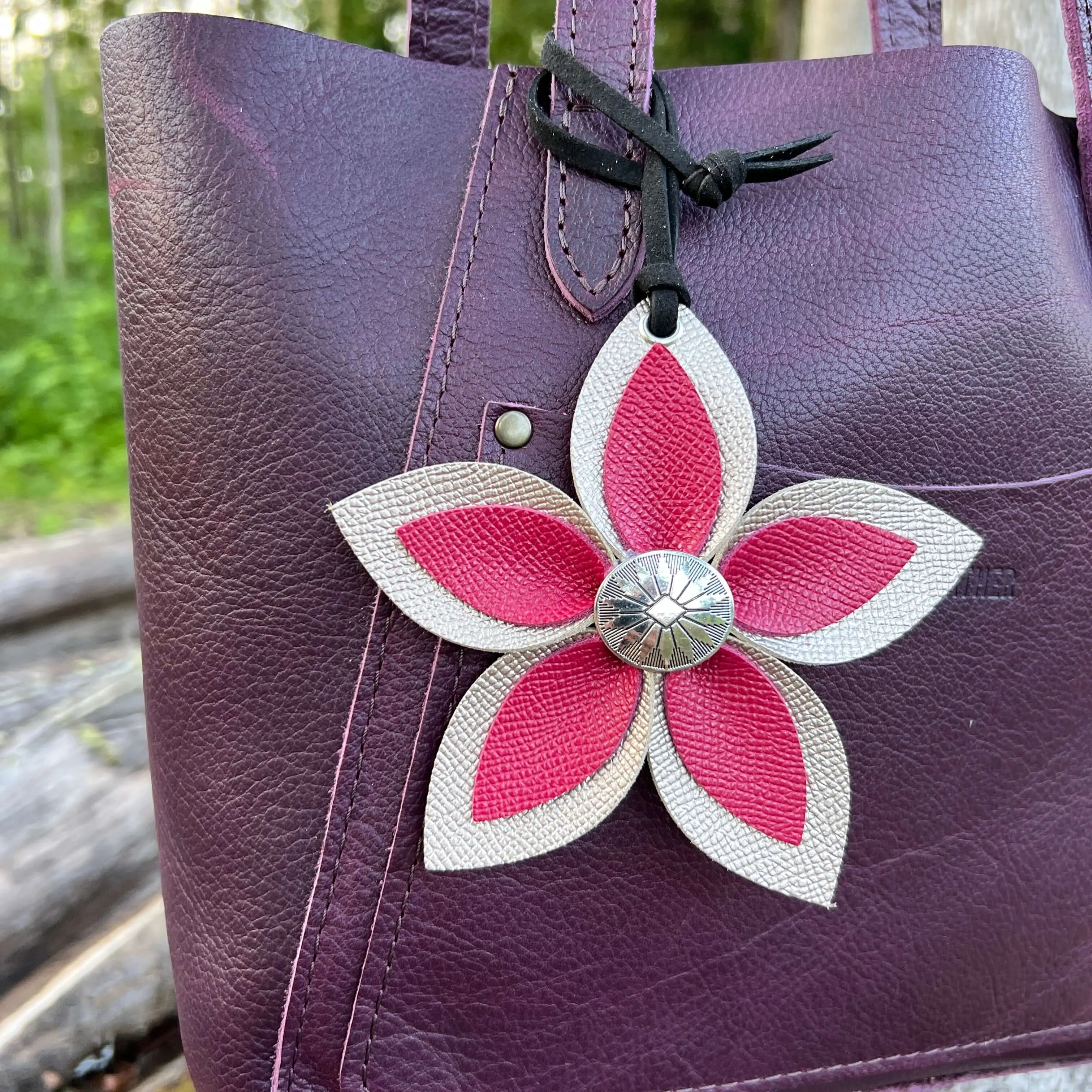 Leather Flower Bag Charm - Large Flower with Loop - Pink and Rose Gold