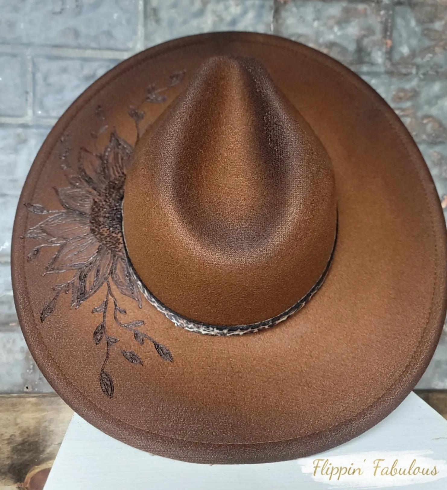 Leo Sunflower Hand Burned Wide Brim Hat