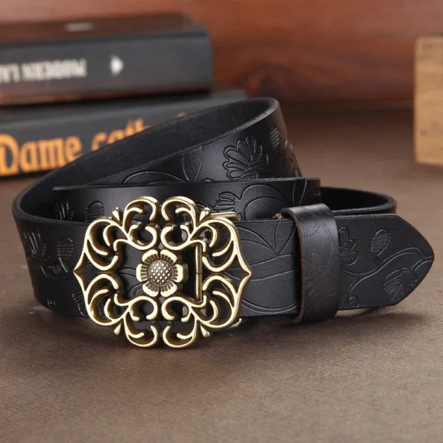 Luxury Vintage Floral Buckle Leather Belt