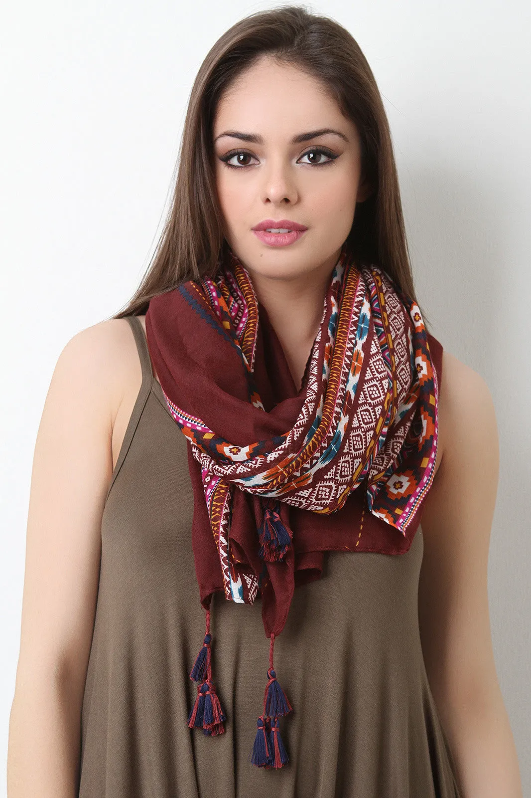 Mixed Print Dangling Tassel Scarf