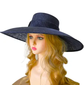 Navy Blue Ascot Hat with Wide Brim - Large Wedding Hats - Ladies Racing Hats - Church Hats for Women