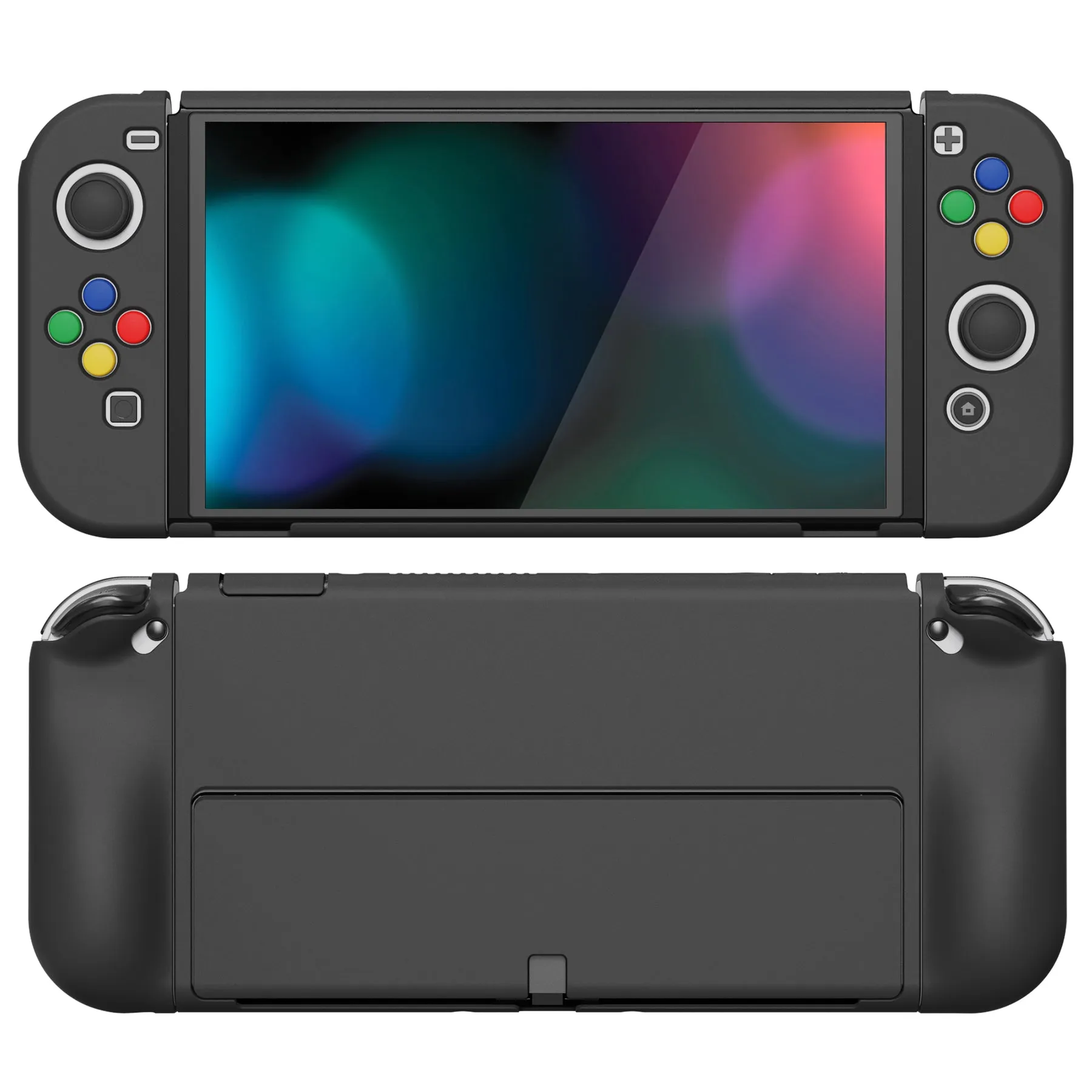 PlayVital AlterGrips Glossy Protective Slim Case for Nintendo Switch OLED, Ergonomic Grip Cover for Joycon, Dockable Hard Shell for Switch OLED w/Thumb Grip Caps & Button Caps - Black - JSOYP3011