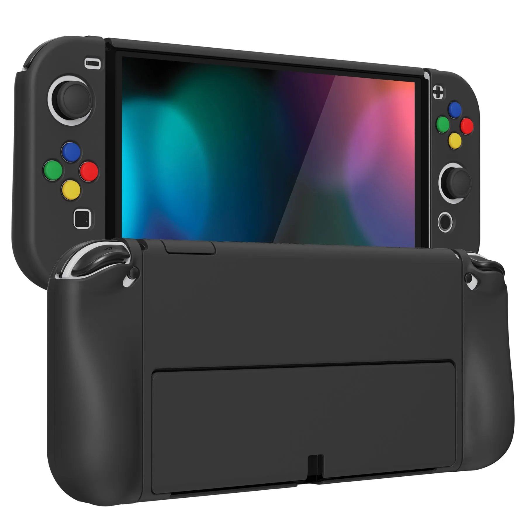 PlayVital AlterGrips Glossy Protective Slim Case for Nintendo Switch OLED, Ergonomic Grip Cover for Joycon, Dockable Hard Shell for Switch OLED w/Thumb Grip Caps & Button Caps - Black - JSOYP3011