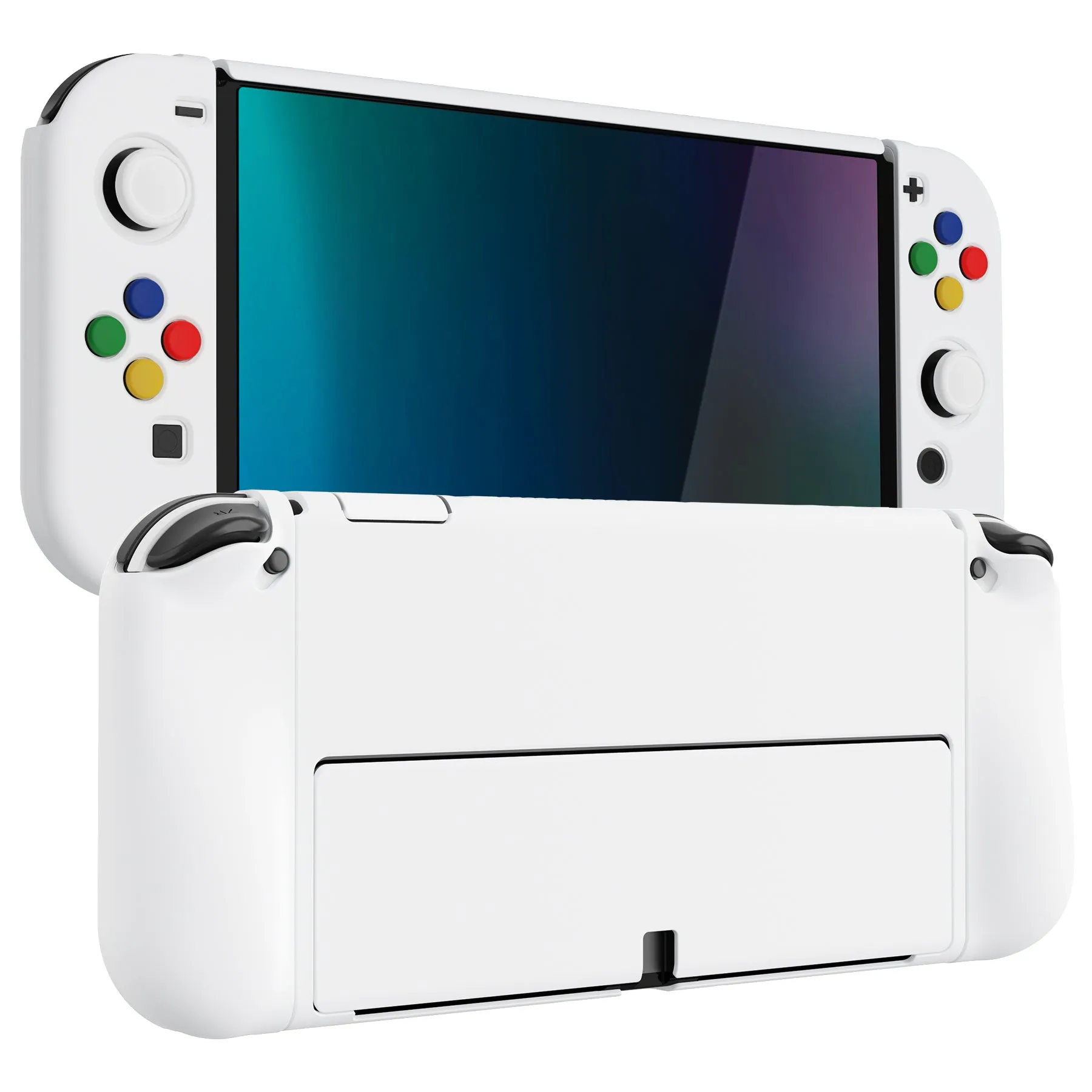 PlayVital AlterGrips Glossy Protective Slim Case for Nintendo Switch OLED, Ergonomic Grip Cover for Joycon, Dockable Hard Shell for Switch OLED w/Thumb Grip Caps & Button Caps - White - JSOYP3012