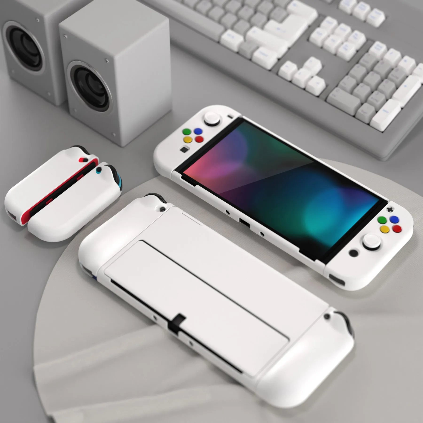 PlayVital AlterGrips Glossy Protective Slim Case for Nintendo Switch OLED, Ergonomic Grip Cover for Joycon, Dockable Hard Shell for Switch OLED w/Thumb Grip Caps & Button Caps - White - JSOYP3012