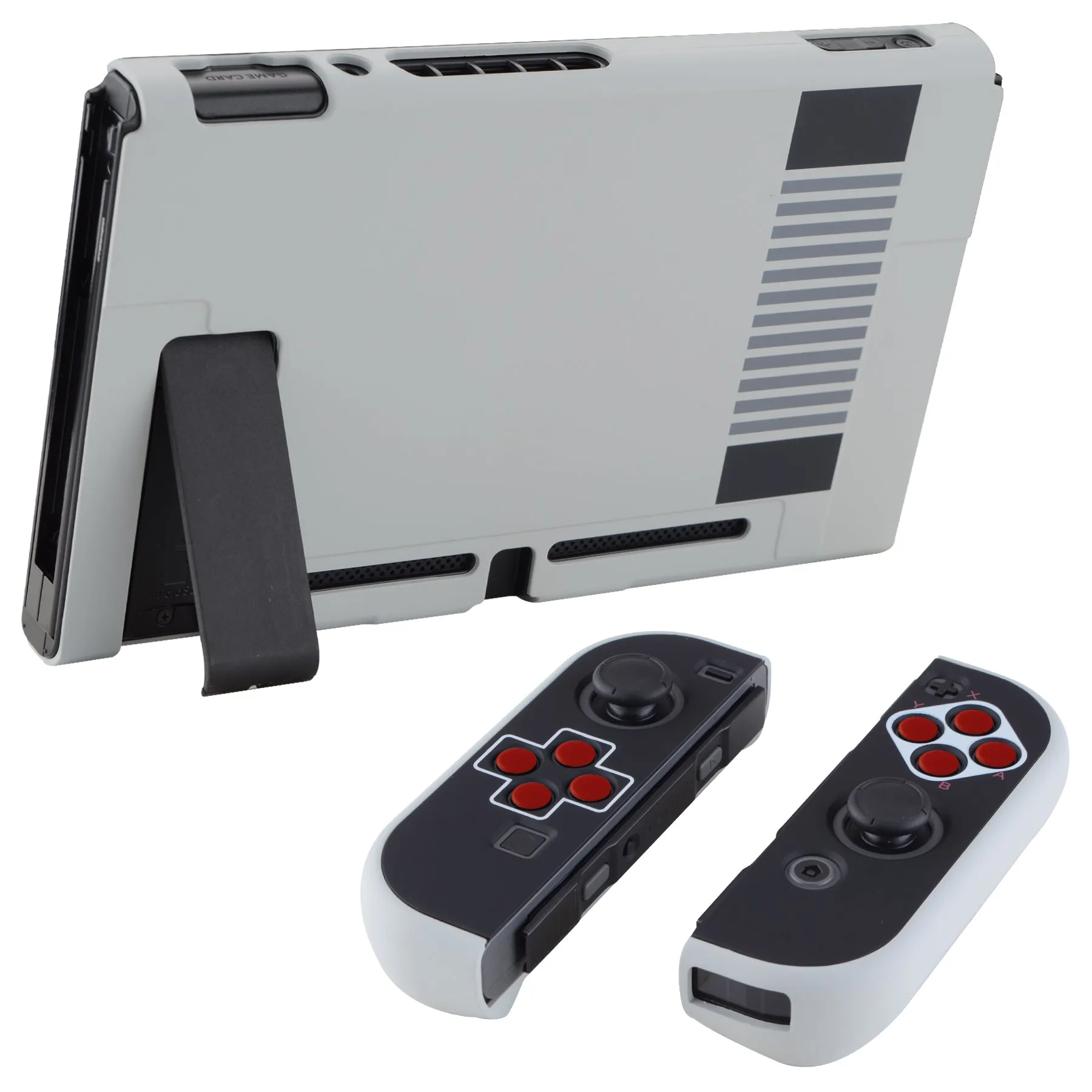 PlayVital Classics NES Style Back Cover for NS Switch Console, NS Joycon Handheld Controller Separable Protector Hard Shell, Dockable Protective Case with Red ABXY Direction Button Caps - NTT103