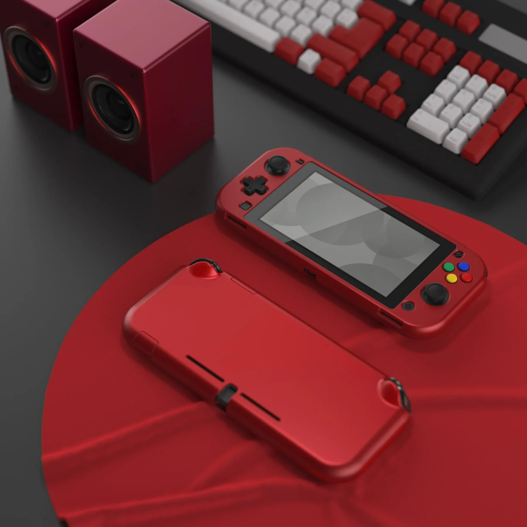 PlayVital Scarlet Red Customized Protective Grip Case for NS Switch Lite, Hard Cover Protector for NS Switch Lite - 1 x Black Border Tempered Glass Screen Protector Included - YYNLP003