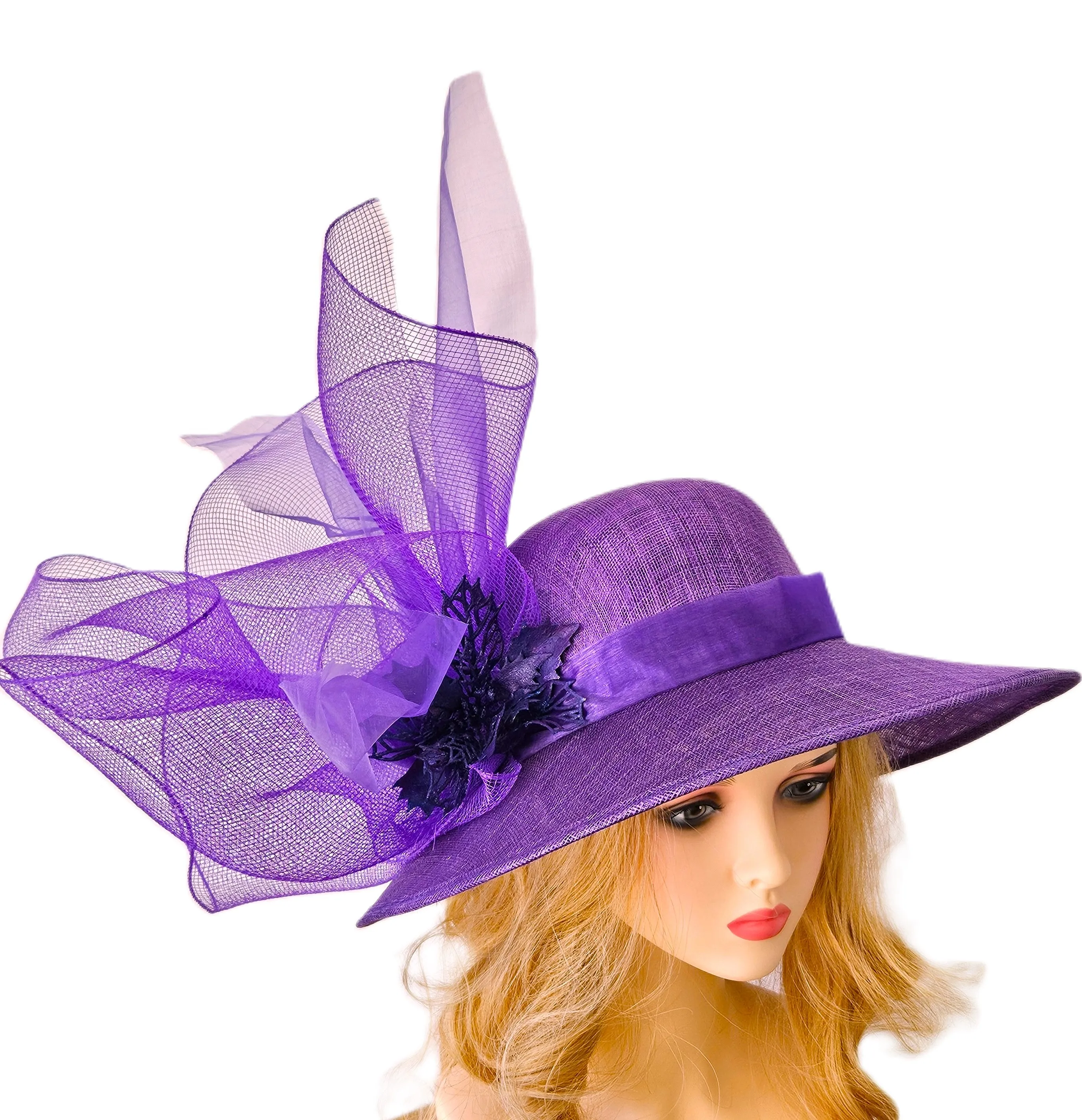 Purple Ascot Hat with Wide Brim - Large Wedding Hats - Ladies Racing Hats - Church Hats for Women