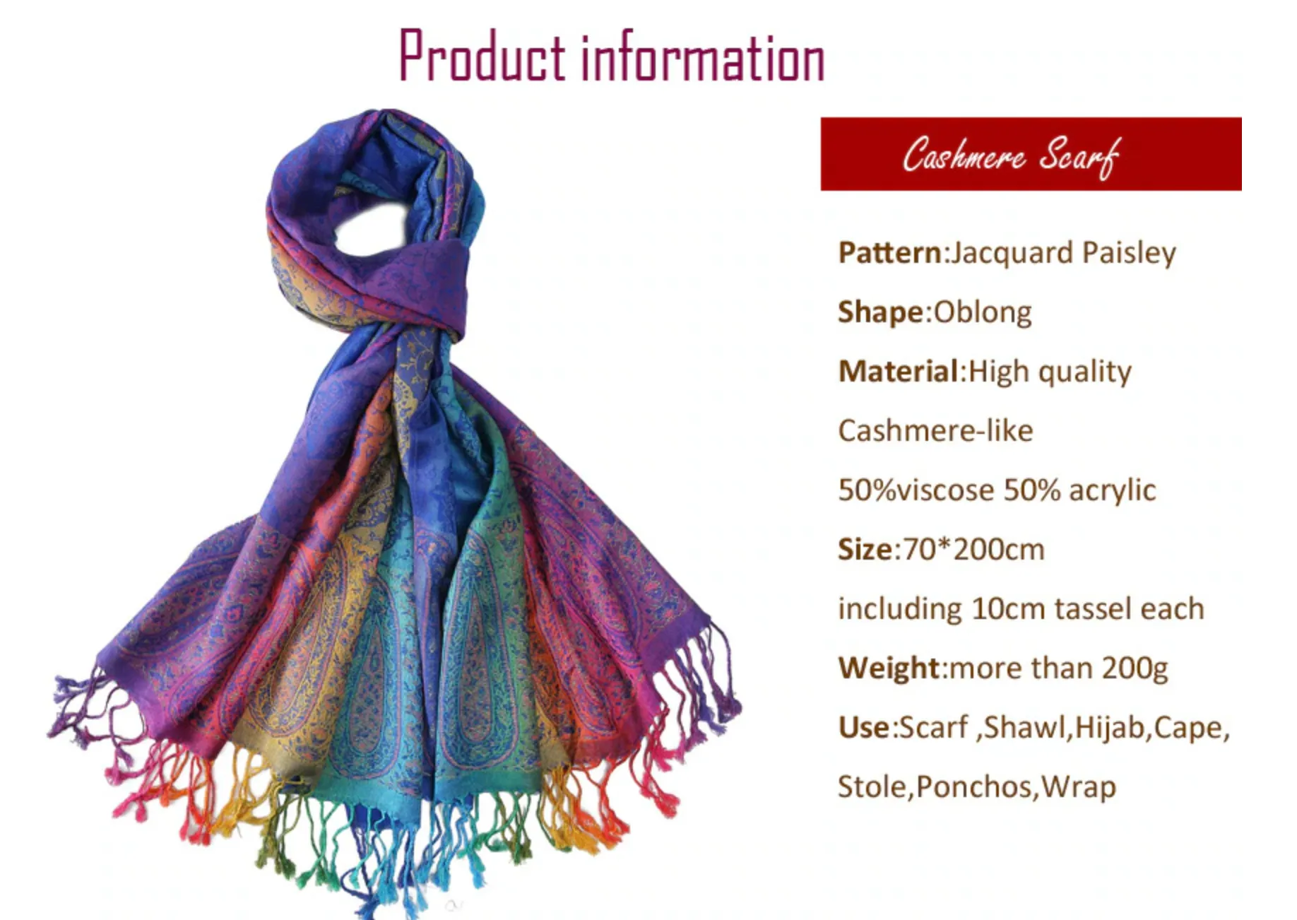 Rainbow Paisley Pashmina Scarf