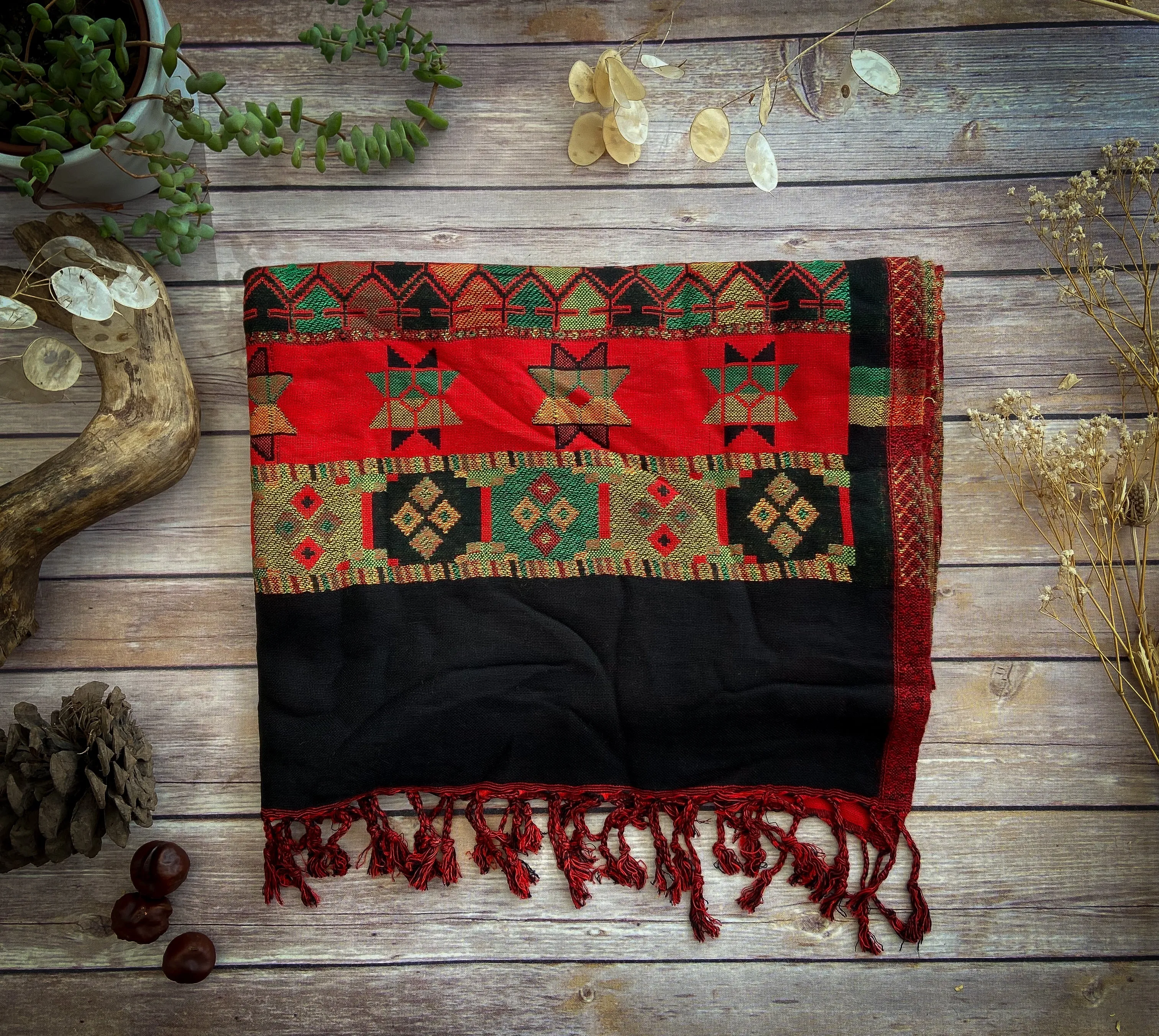 Tibetan Blanket Scarf - Black and Red