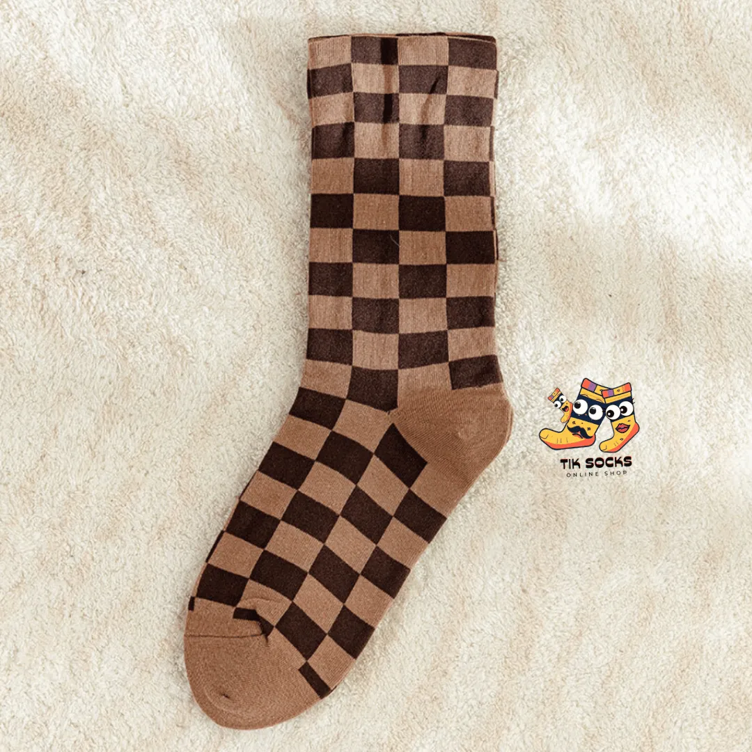 TikSocks|Fun Socks-Chessboard Socks-Brown Khaki