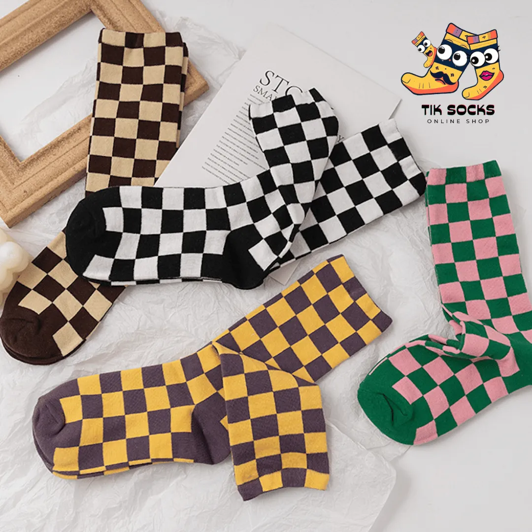 TikSocks|Fun Socks-Chessboard Socks-Brown Khaki