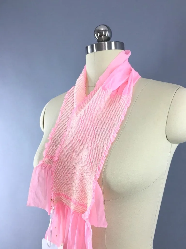 Vintage 1960s Silk Chiffon Kimono Obiage Scarf in Pastel Pink and White Shibori