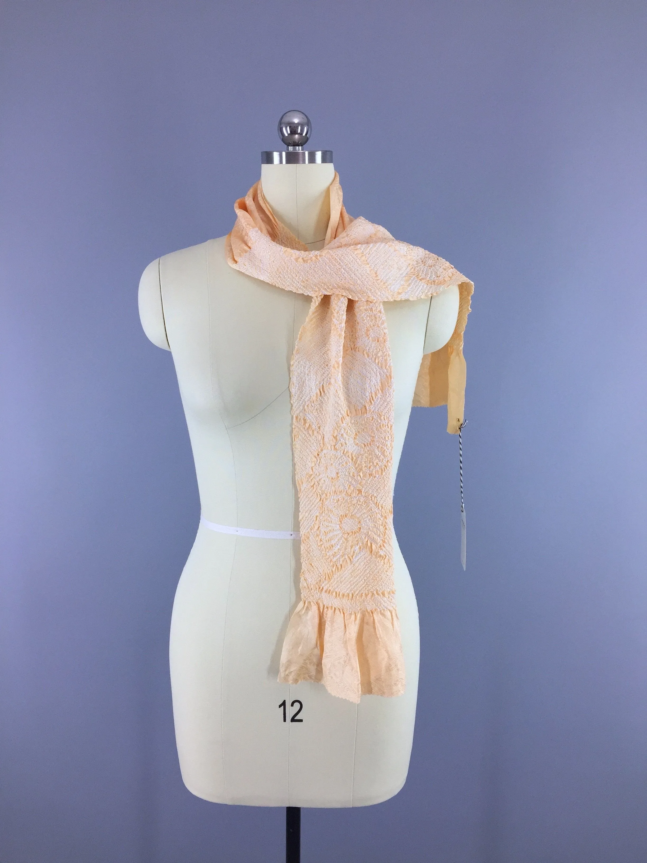 Vintage 1960s Silk Scarf Kimono Obiage / Peach White Shibori