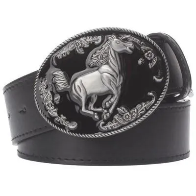 Western cowboy style men's belt horse leather totem courser horsemanship metal buckle horserace belt leather steed animal logo